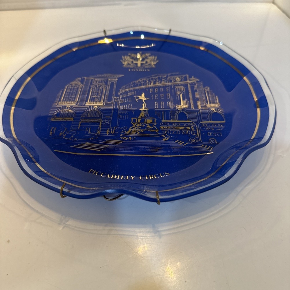 GLASS BLUE STAINED London Piccadilly Circus Decorative Plate 10" Vintage